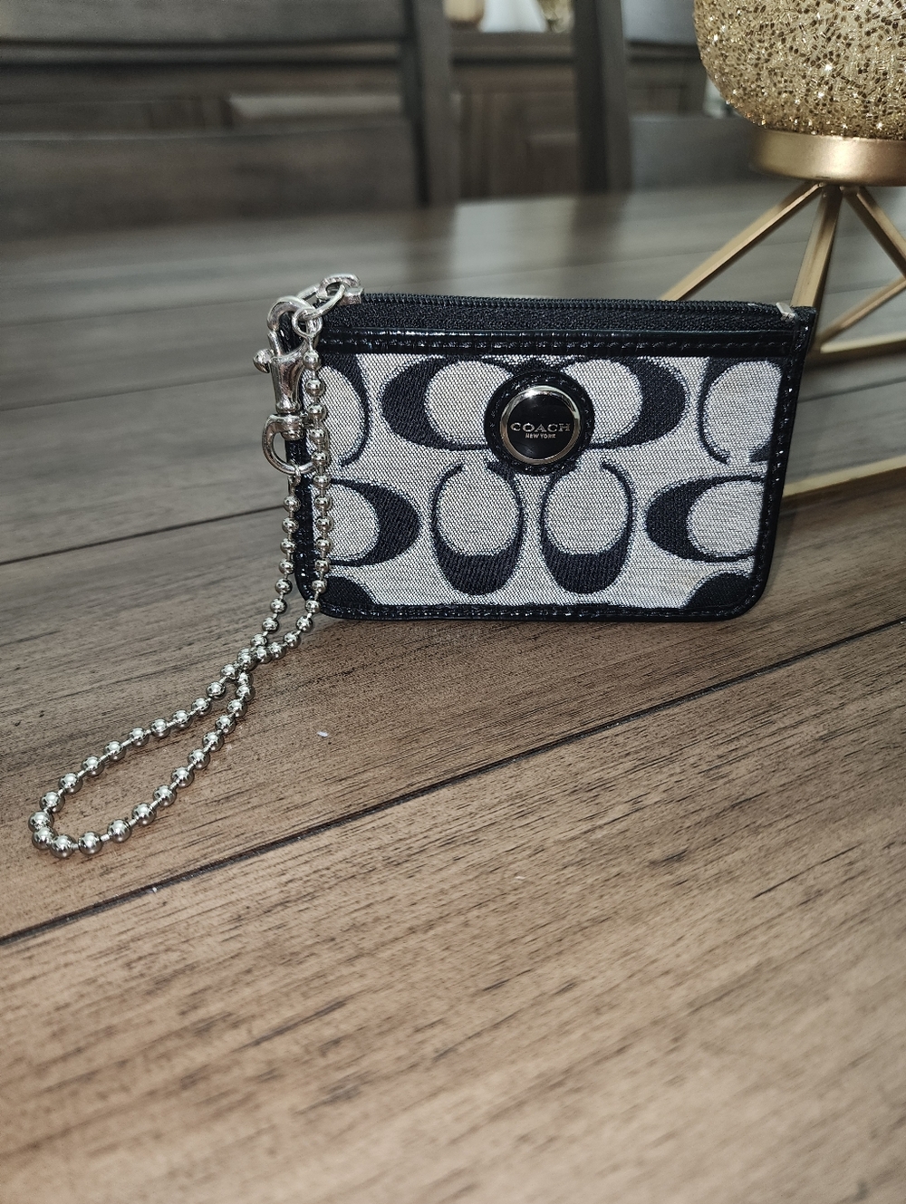 Coach Signature Canvas Zip Card Case with Chain - Black/Gray